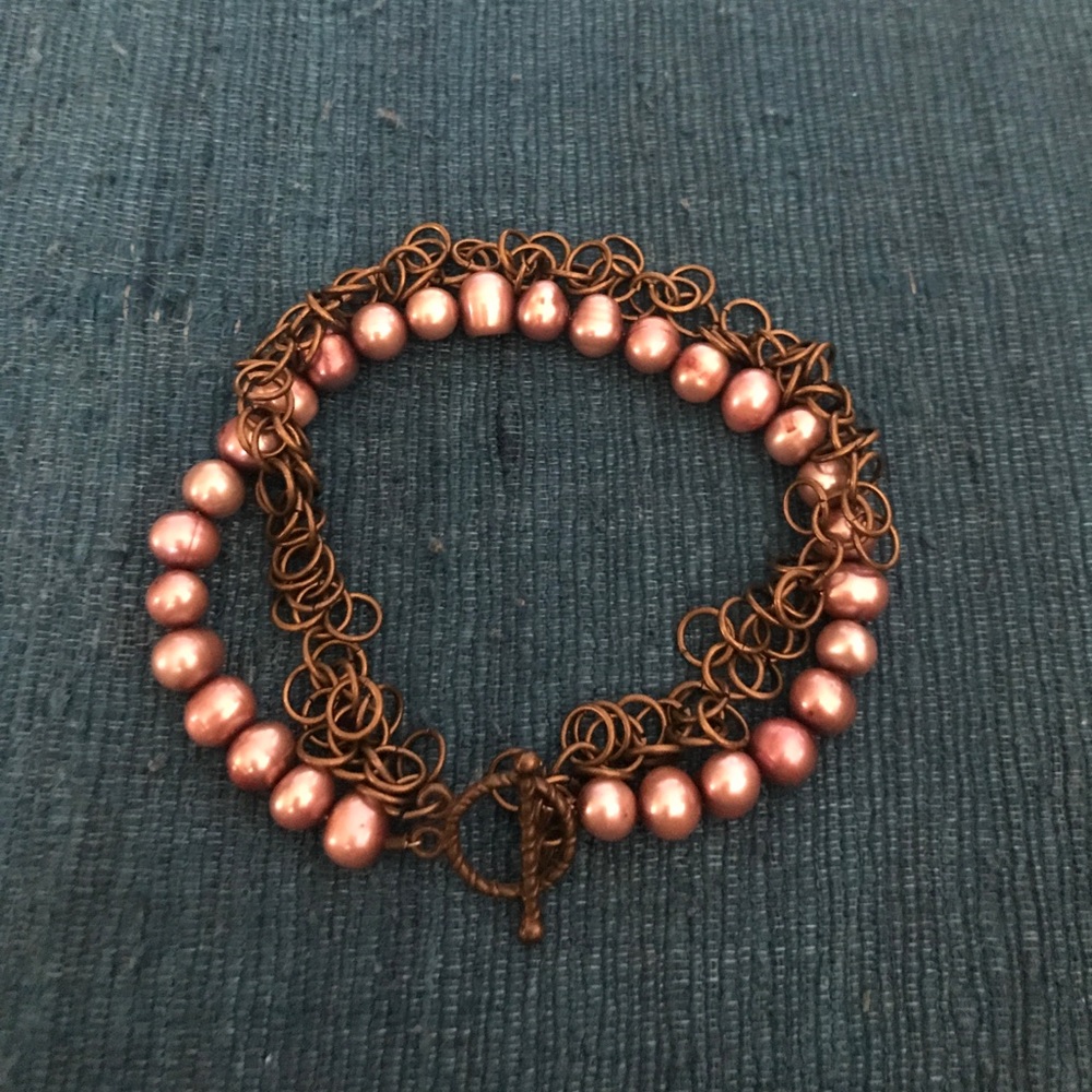 Two strand antiqued gold & pearl beaded bracelet