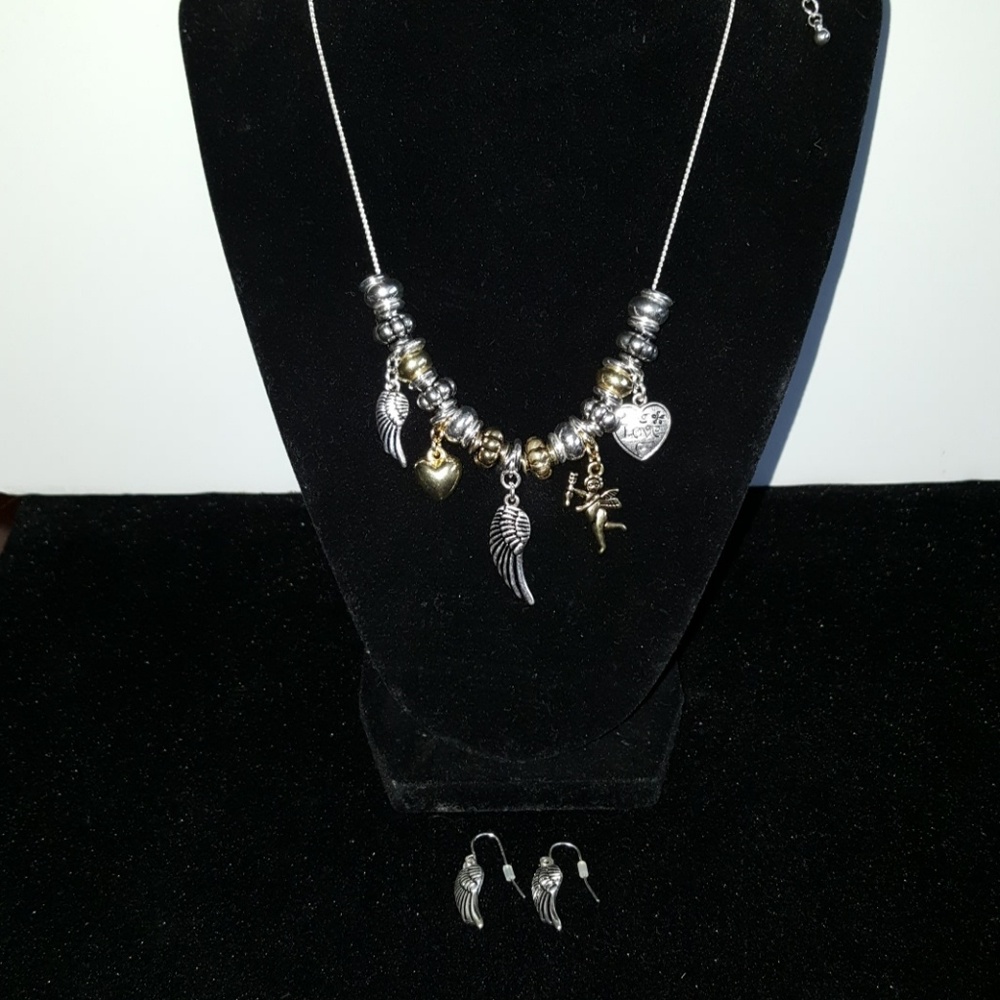 Silver and gold tone angel charm necklace and earr