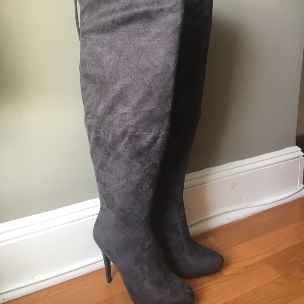 Grey over the knee heel boots