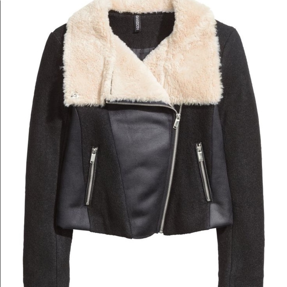 Navy Faux Wool and Sheepskin Biker Jacket