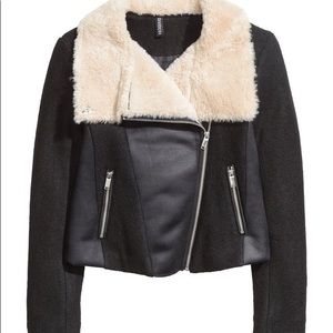 Navy Faux Wool and Sheepskin Biker Jacket