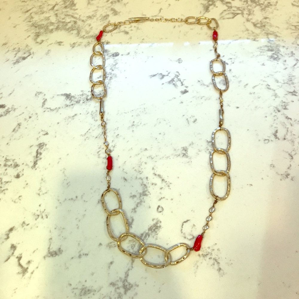Gold, rhinestone and red coral necklace