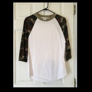 NWOT. 3/4 sleeve camo baseball shirt small