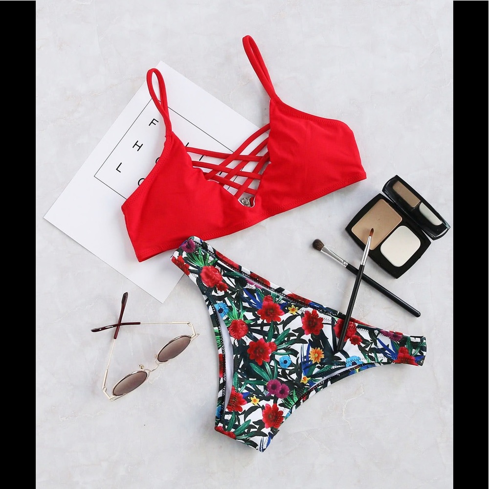 Red Floral Print Criss Cross Bikini Set