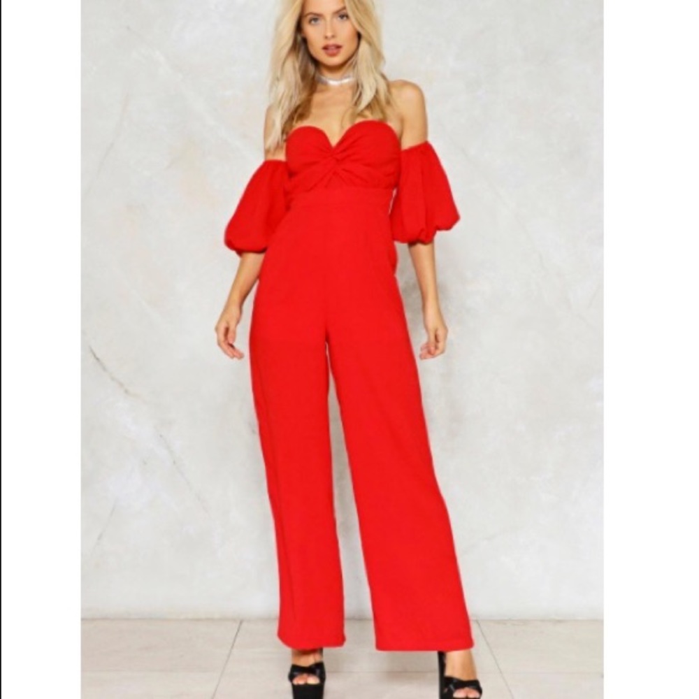 Red off the shoulder jumpsuit