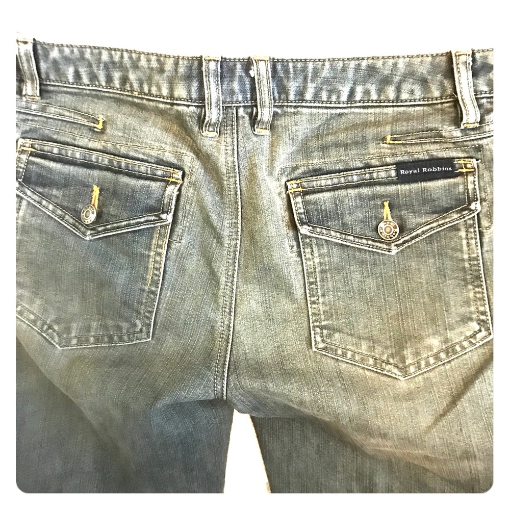 Short, cropped Royal Robbins jeans.