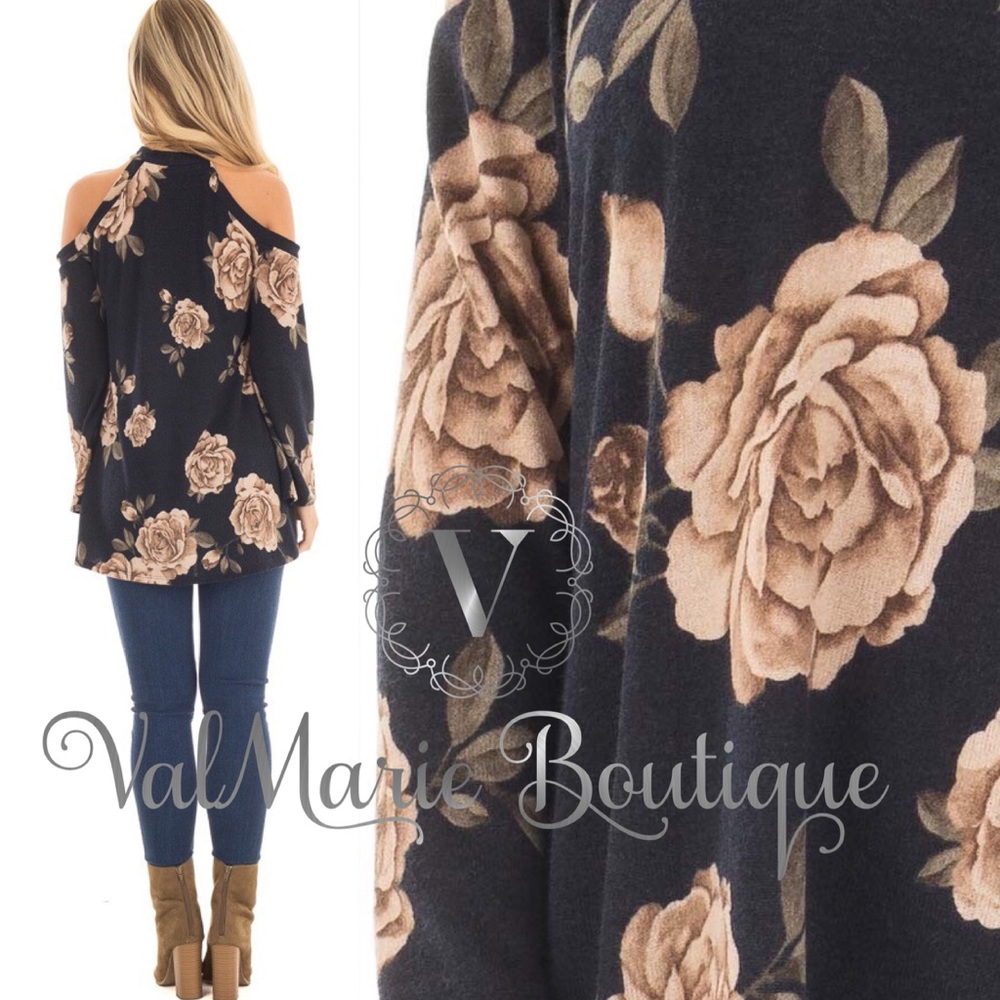 Navy Floral Gorgeous Fall Cold Shoulder Top Blouse - Picture 2 of 4