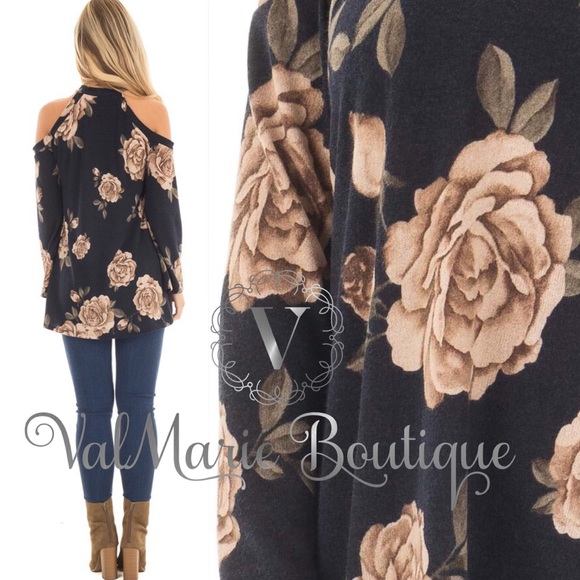 Navy Floral Gorgeous Fall Cold Shoulder Top Blouse - Picture 2 of 4
