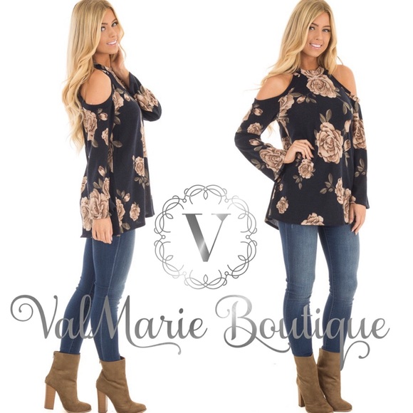 Navy Floral Gorgeous Fall Cold Shoulder Top Blouse - Picture 3 of 4
