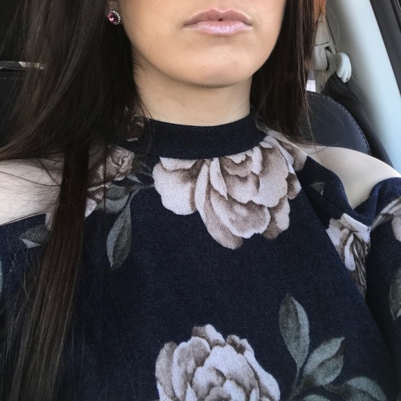 Navy Floral Gorgeous Fall Cold Shoulder Top Blouse - Picture 4 of 4