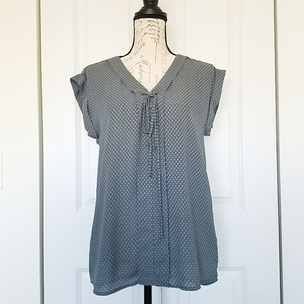 Pleione Cap Sleeve Lace Up Front Pleat Blouse, XS