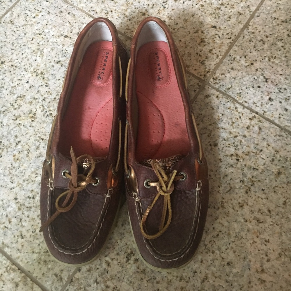 Brown and Gold Sperry Top Sider Slip on Shoes