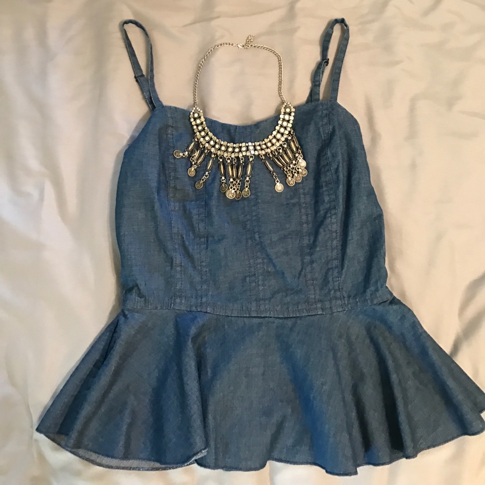 Denim peplum tank top adjustable straps