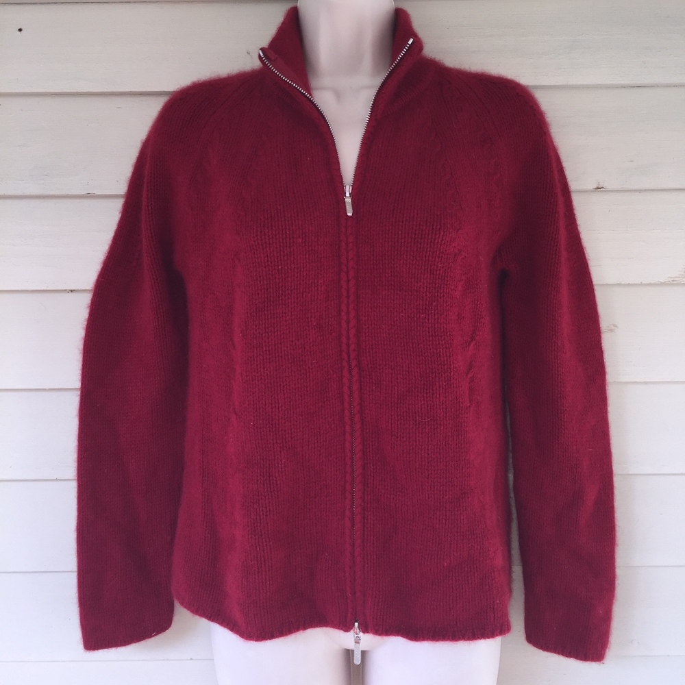 PURE CASHMERE burgundy zip cardigan sweater/L but measures more M