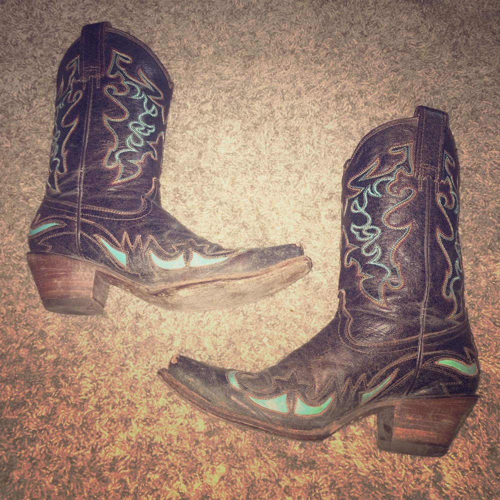 Chocolate Brown&Turquoise Snip Toe Corral Boots
