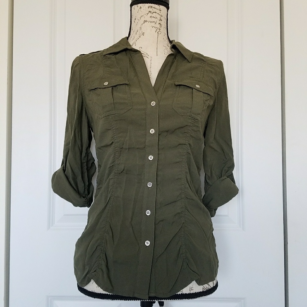 Express Olive/Army Green V-neck Button Down Blouse