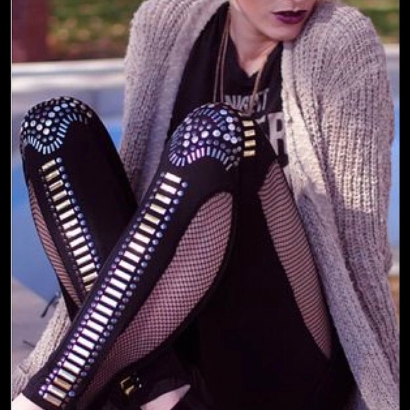 ROCKER metal embellished fishnet legging tights - Picture 2 of 6