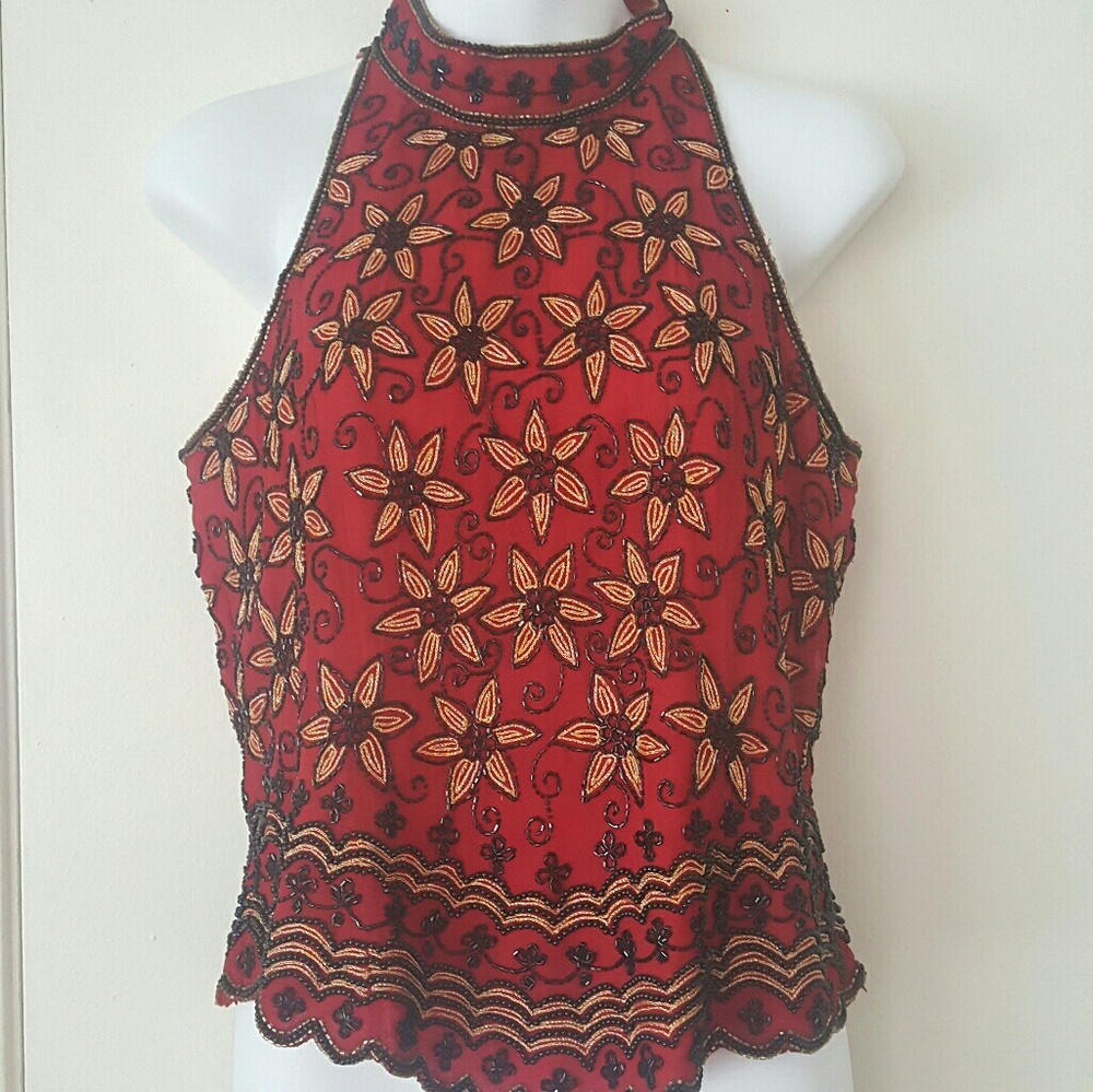 Papell boutique high neck floral beaded top medium