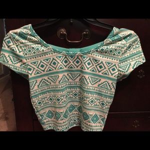 Teal and white tribal scoop-neck crop top