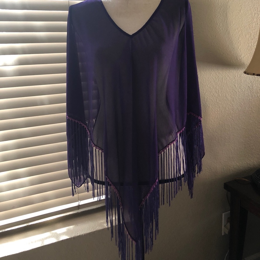Sheer purple fringed poncho