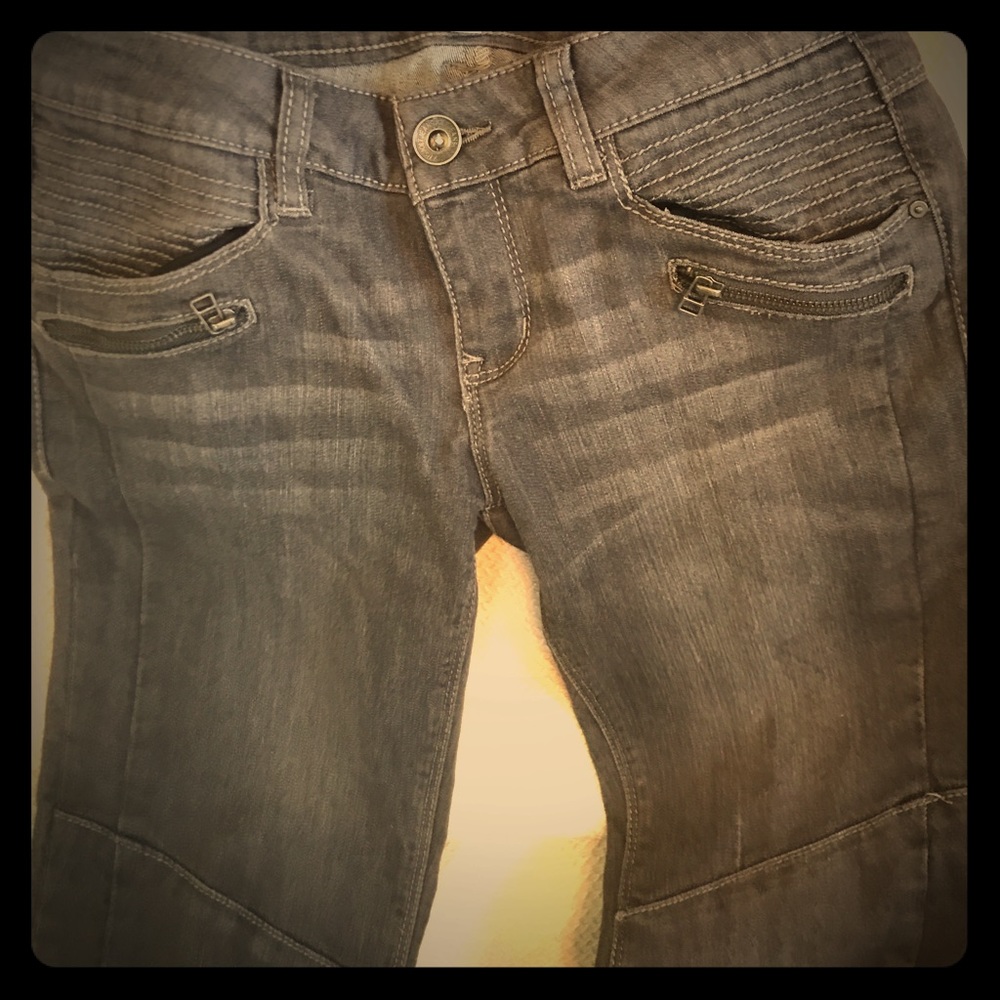 Biker jeans, gray distressed.