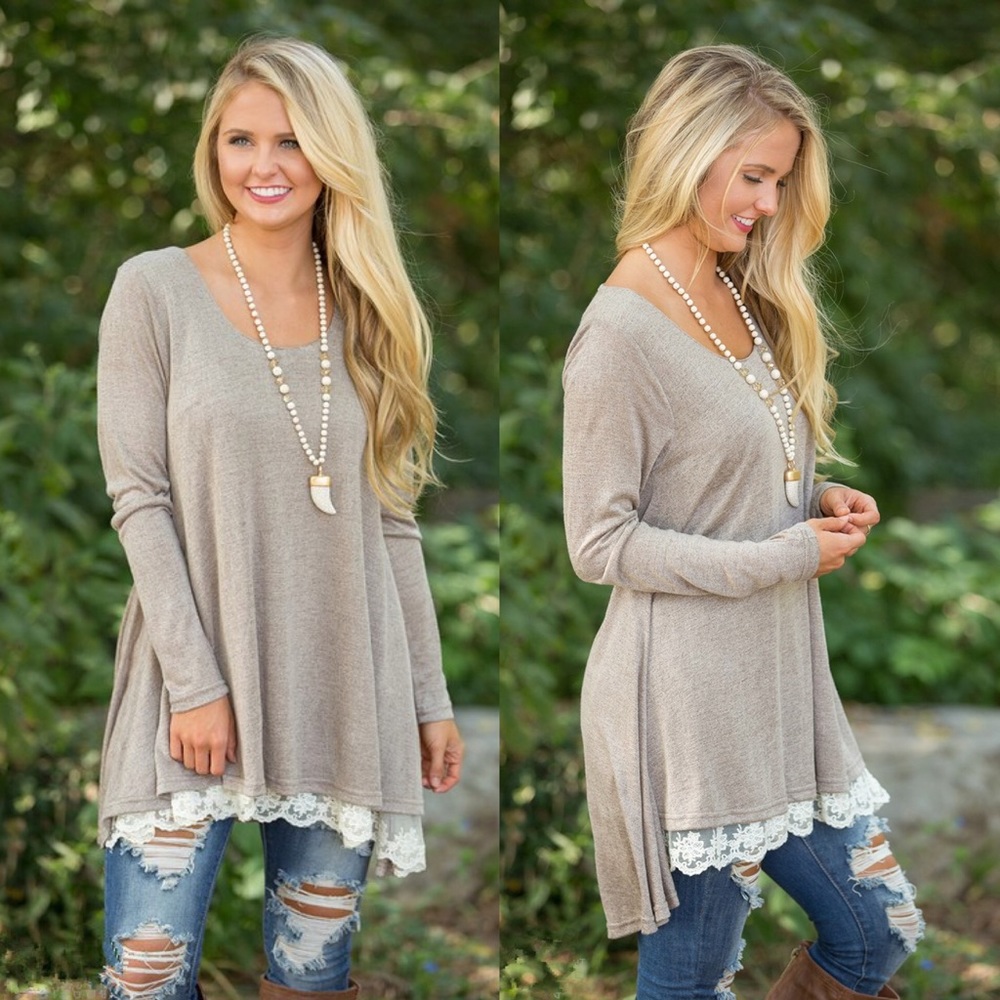 Scoop Neck Long Sleeve Lace Hem High Low Tunic - Picture 3 of 3