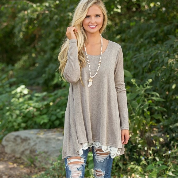 Scoop Neck Long Sleeve Lace Hem High Low Tunic - Picture 2 of 3