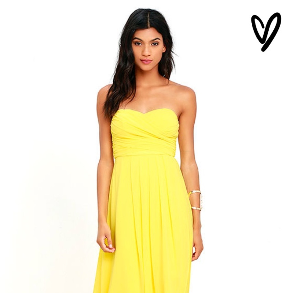 yellow strapless hi-low dress