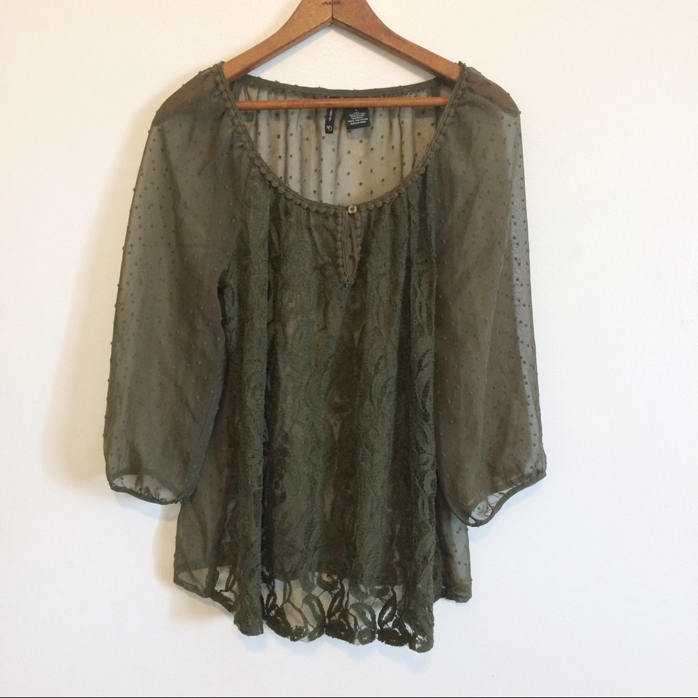 New Directions Olive Green Sheer Blouse