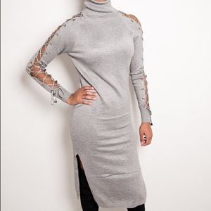 Gray Turtleneck Sweater Dress/Laced Dowm Sleeves