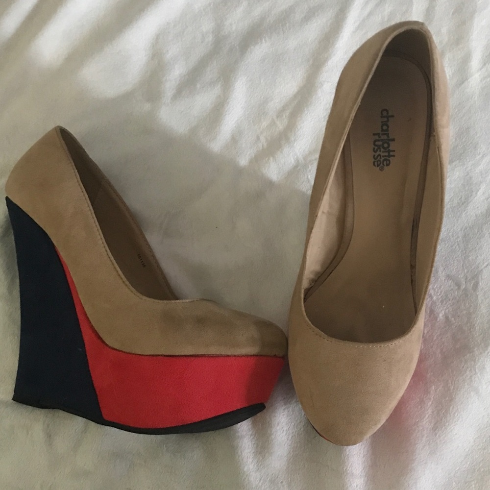 Charlotte Russe nude, pink and navy suede wedges