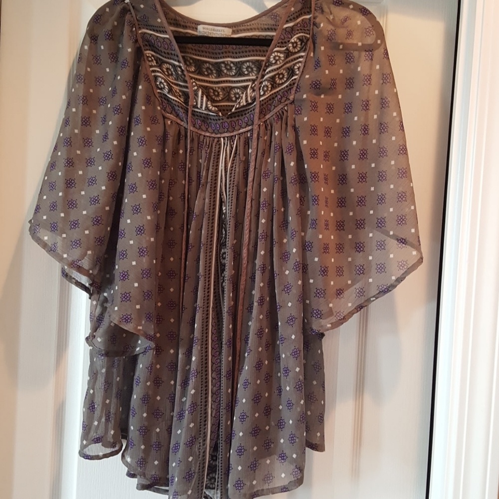 Sheer casual blouse with purple on grey print