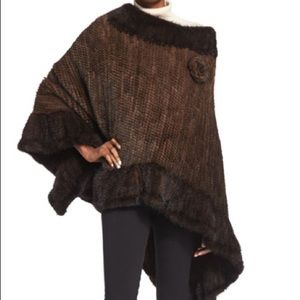 Asymmetric Fur Poncho w/Rosette, Brown