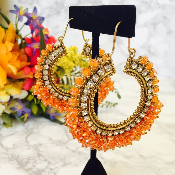 ShezadiBazar Jewelry - Bohemian Gold and orange hoop earrings. Hand made.