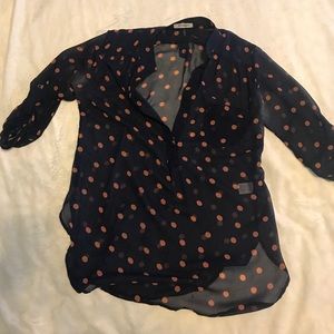 Navy and orange polka dot, sheer 3/4 sleeve top