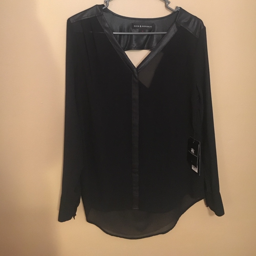 Sheer black top, with faux leather trim NWT