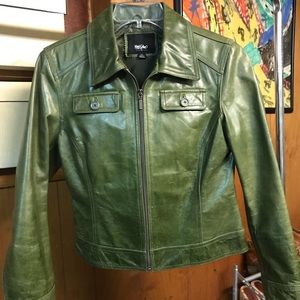 Green 100% leather, lined, moto style jacket.