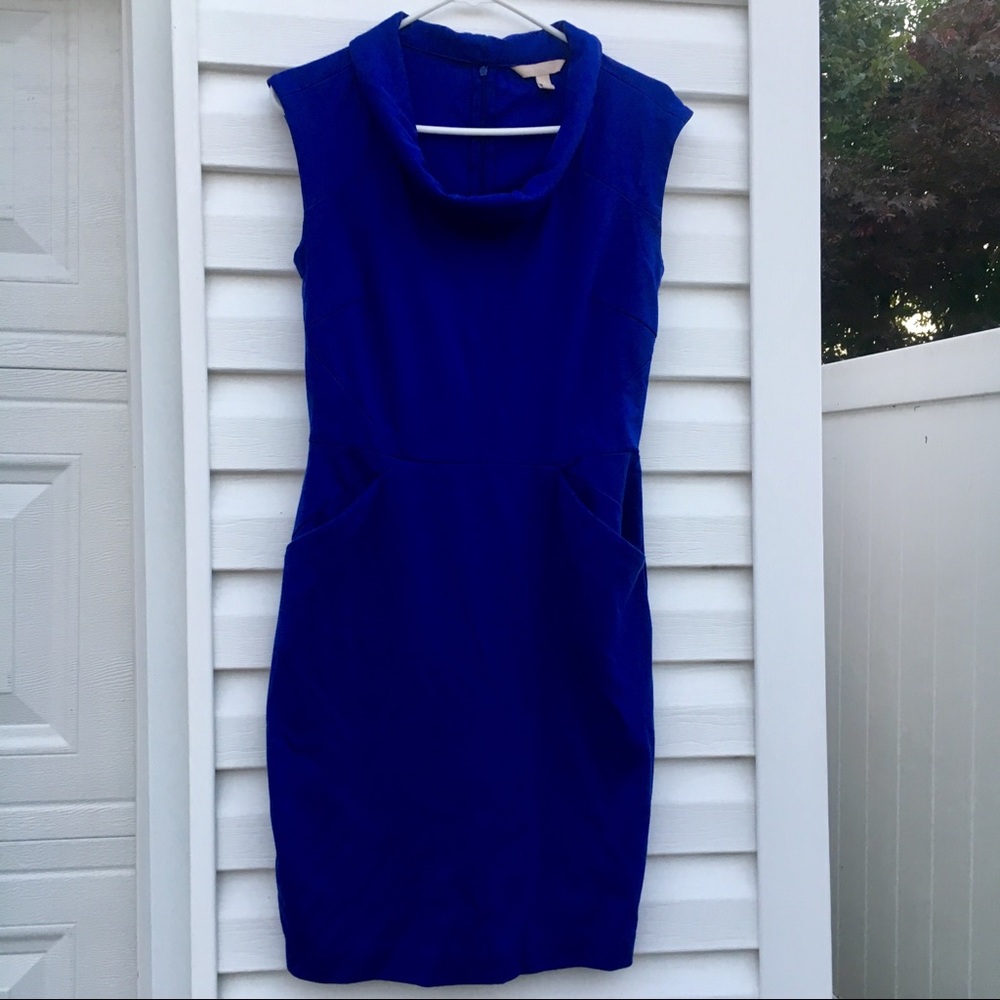 Blue sleeveless cowl neck dress