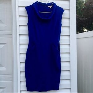 Blue sleeveless cowl neck dress