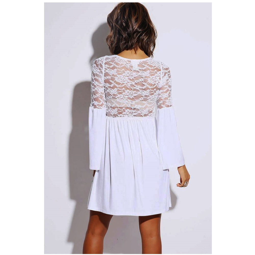 SALE White Lace Sheer Dress with Bell Sleeves - Picture 3 of 4