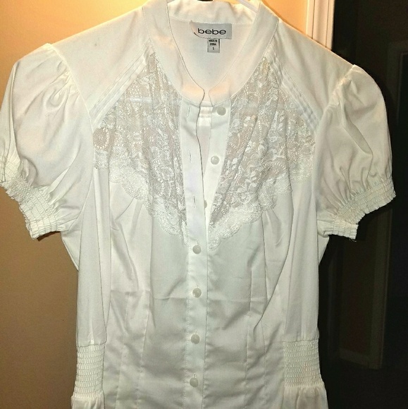 Bebe White Blouse with Lace Detail.  NWOT. - Picture 1 of 3