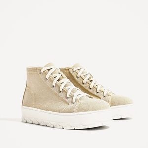 Zara Fabric Flatform Lace Up Ecru Beige Tan Ankle