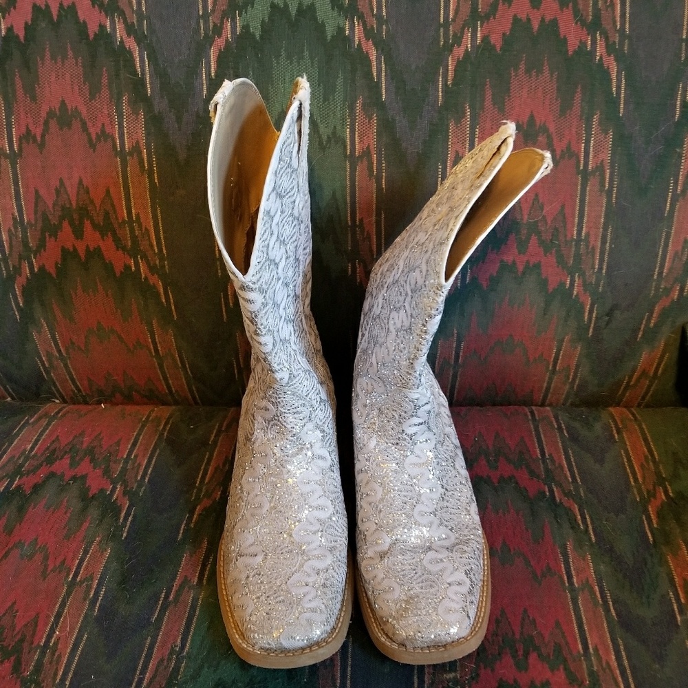 White, Sparkle, Western Square Toed Boots