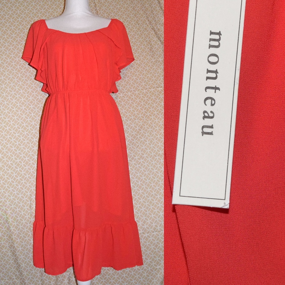 Monteau Midi Coral Ruffle Dress Short Sleeve