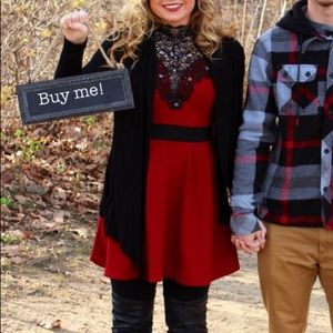 Windsor maroon and black high neck dress.