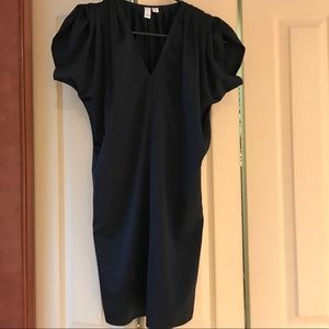 Black polyester mini dress cute pleated shoulders