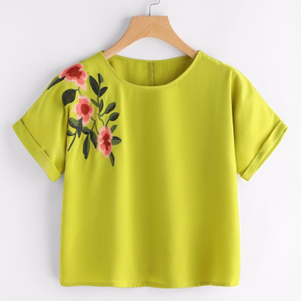 Flower Embroidered Cuffed Sleeve Top Small Green