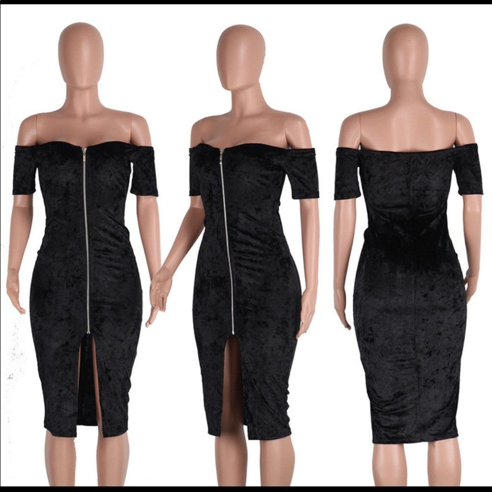 Off Shoulder Zipped Front ShortSleeve Velvet Dress - Picture 6 of 8