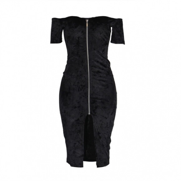 Off Shoulder Zipped Front ShortSleeve Velvet Dress - Picture 5 of 8