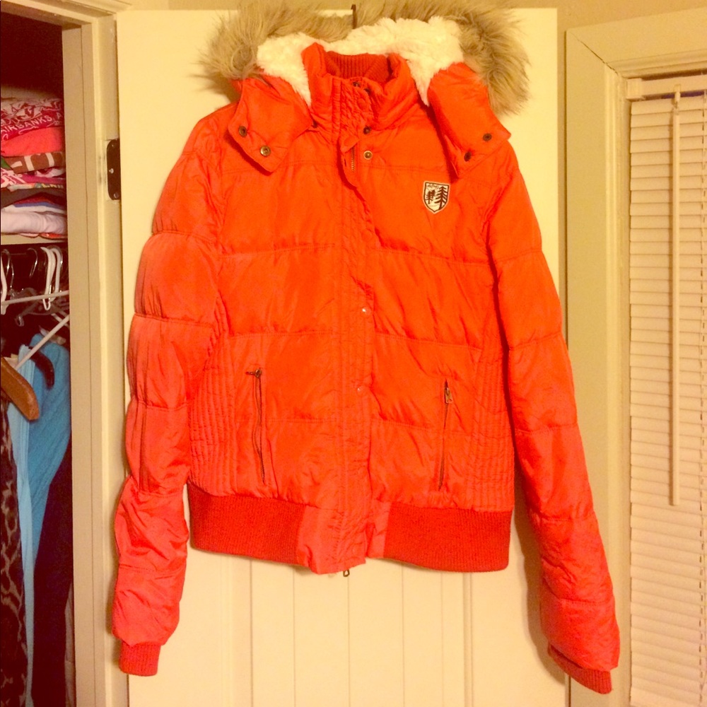 Orange American Eagle Jacket with faux fur hood